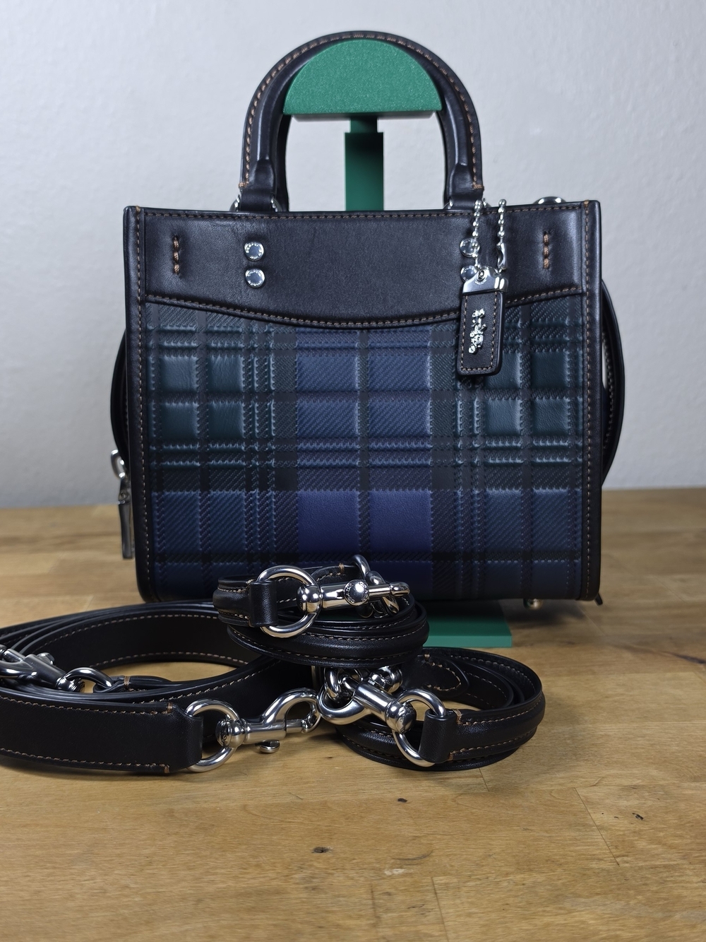 Coach Rogue 20 CH385 Green Blue Plaid Tartan Leather Bag Complete Straps Mint